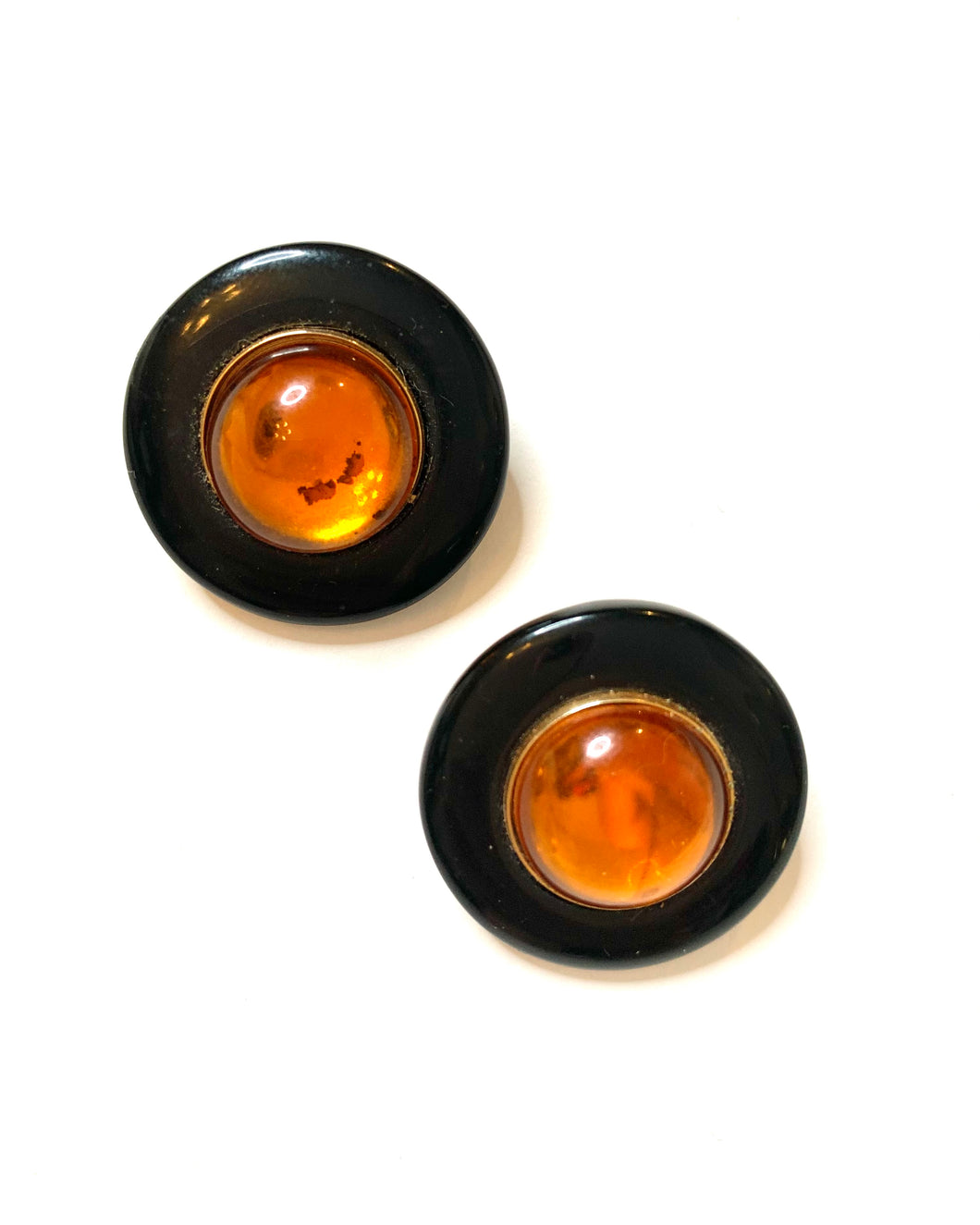Mid Century Black and Faux Amber Round Earrings
