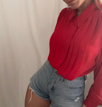 Load image into Gallery viewer, Vintage Red Button Down Pleated High Neck Blouse
