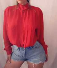 Load image into Gallery viewer, Vintage Red Button Down Pleated High Neck Blouse
