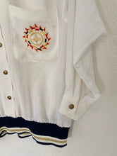 Load image into Gallery viewer, Beautiful and sutil Banded Nautical Polo Vintage Blouse
