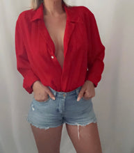 Load image into Gallery viewer, Vintage Red Button Down Pleated High Neck Blouse
