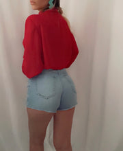 Load image into Gallery viewer, Vintage Red Button Down Pleated High Neck Blouse
